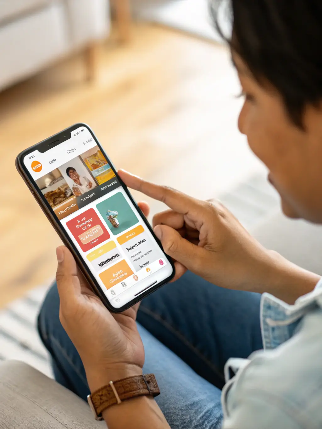 A user interacting seamlessly with a mobile app, highlighting smooth transitions, clear call-to-action buttons, and a personalized user experience.