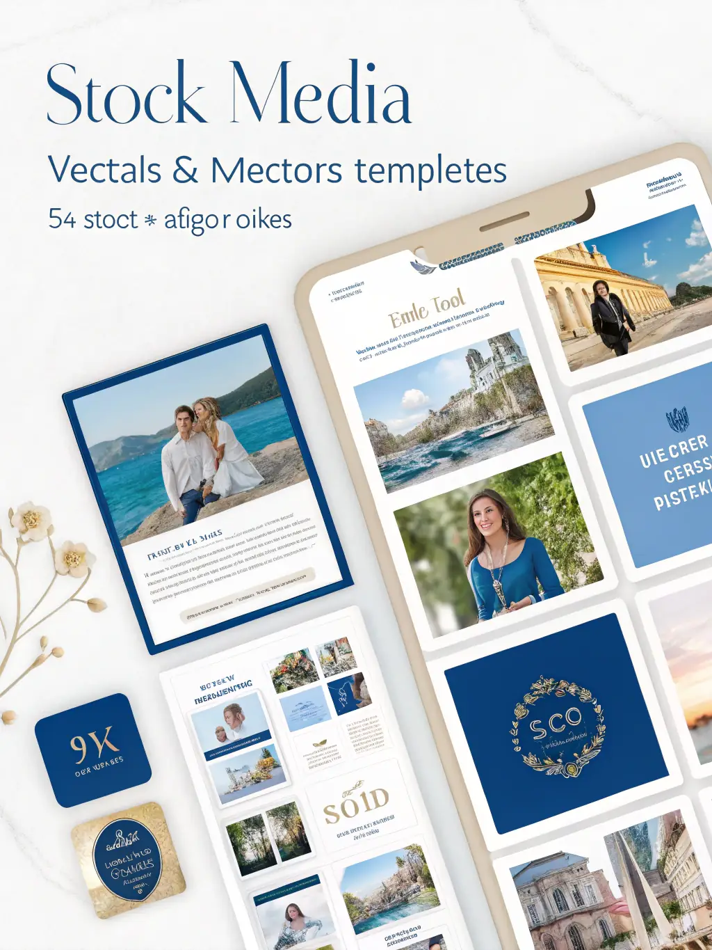 A collection of various digital assets designed by Novo Analytics, including website icons, email templates, and presentation slides, used on the UI/UX & Graphic Designing page.