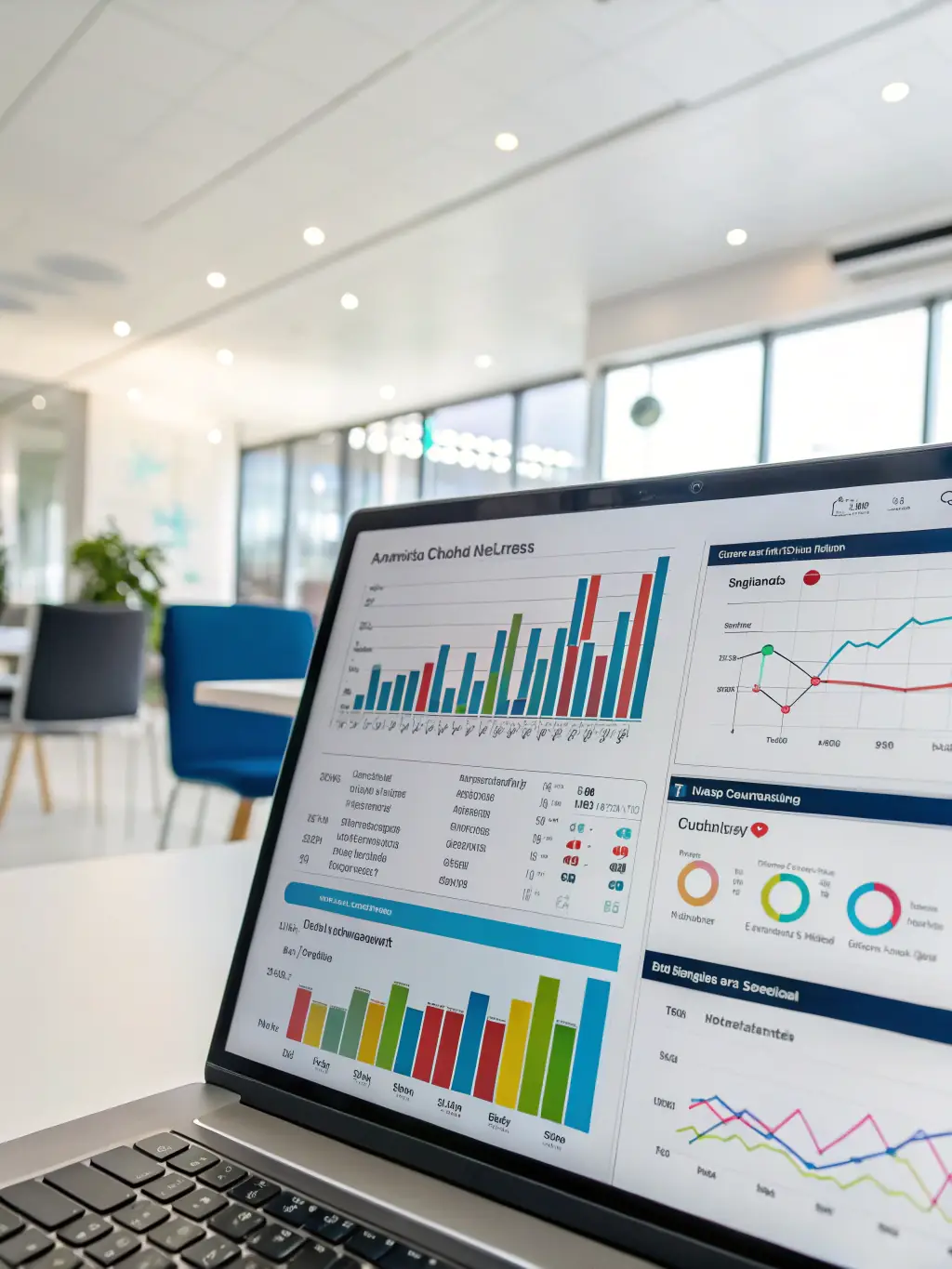 A dynamic Power BI dashboard illustrating website traffic and user behavior, including page views, bounce rates, and conversion rates, displayed in a tech-savvy office.