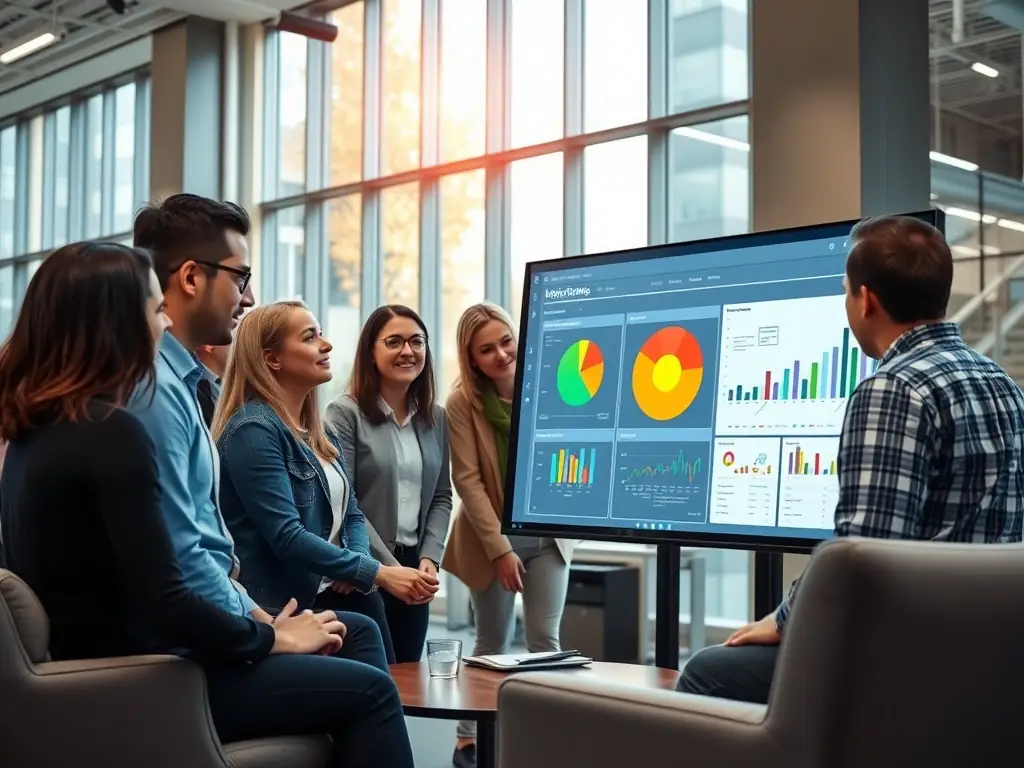 A professional office setting with a team collaborating around a large interactive dashboard displaying key performance indicators and data visualizations, emphasizing teamwork and data-driven decision-making.