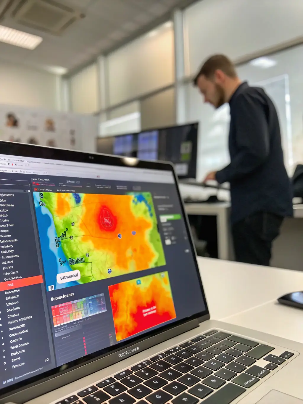 A heat map visualization showing user interaction patterns on a website, highlighting areas of high engagement and areas needing improvement.