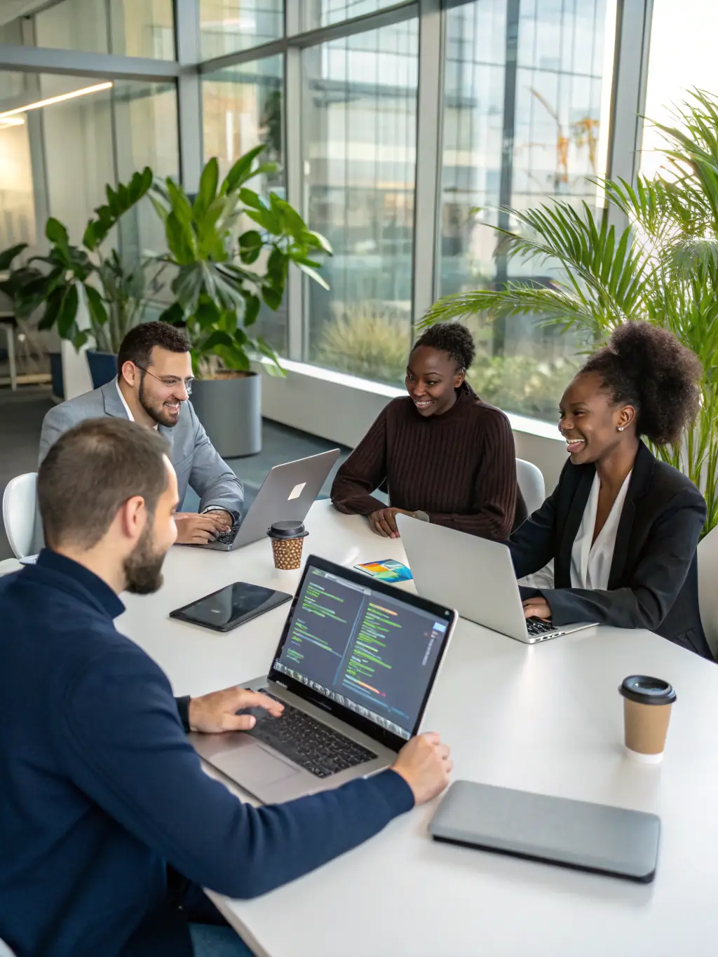 A diverse team of web developers, graphic designers, and data analysts collaborating in a modern office environment, reflecting Novo Analytics' collaborative approach.
