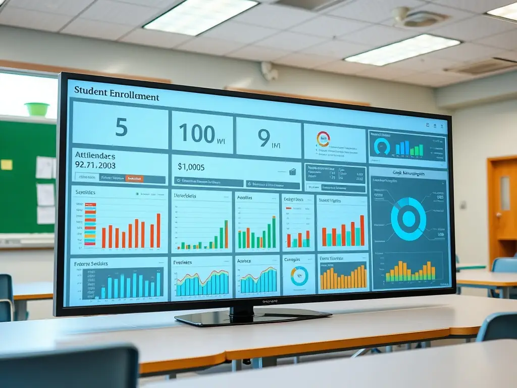 A modern dashboard interface displaying centralized student and faculty data, with charts and tables, in a clean, tech-focused style suitable for an education management platform.