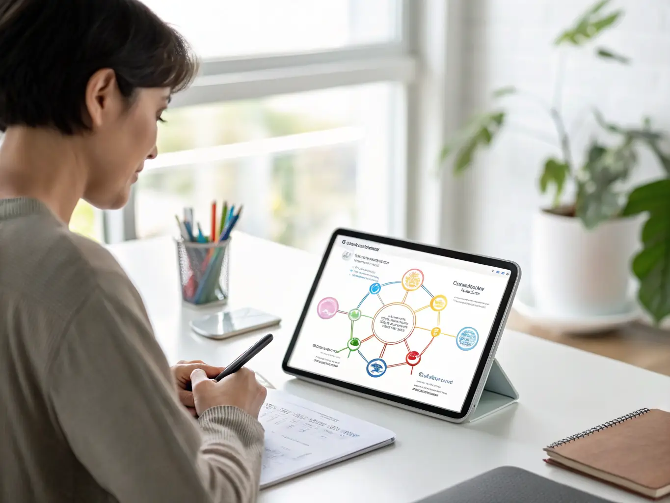 A business analyst reviewing interactive analytics charts on a tablet, with visualizations of learner engagement, skill progression, and ROI metrics, in a bright, professional workspace.