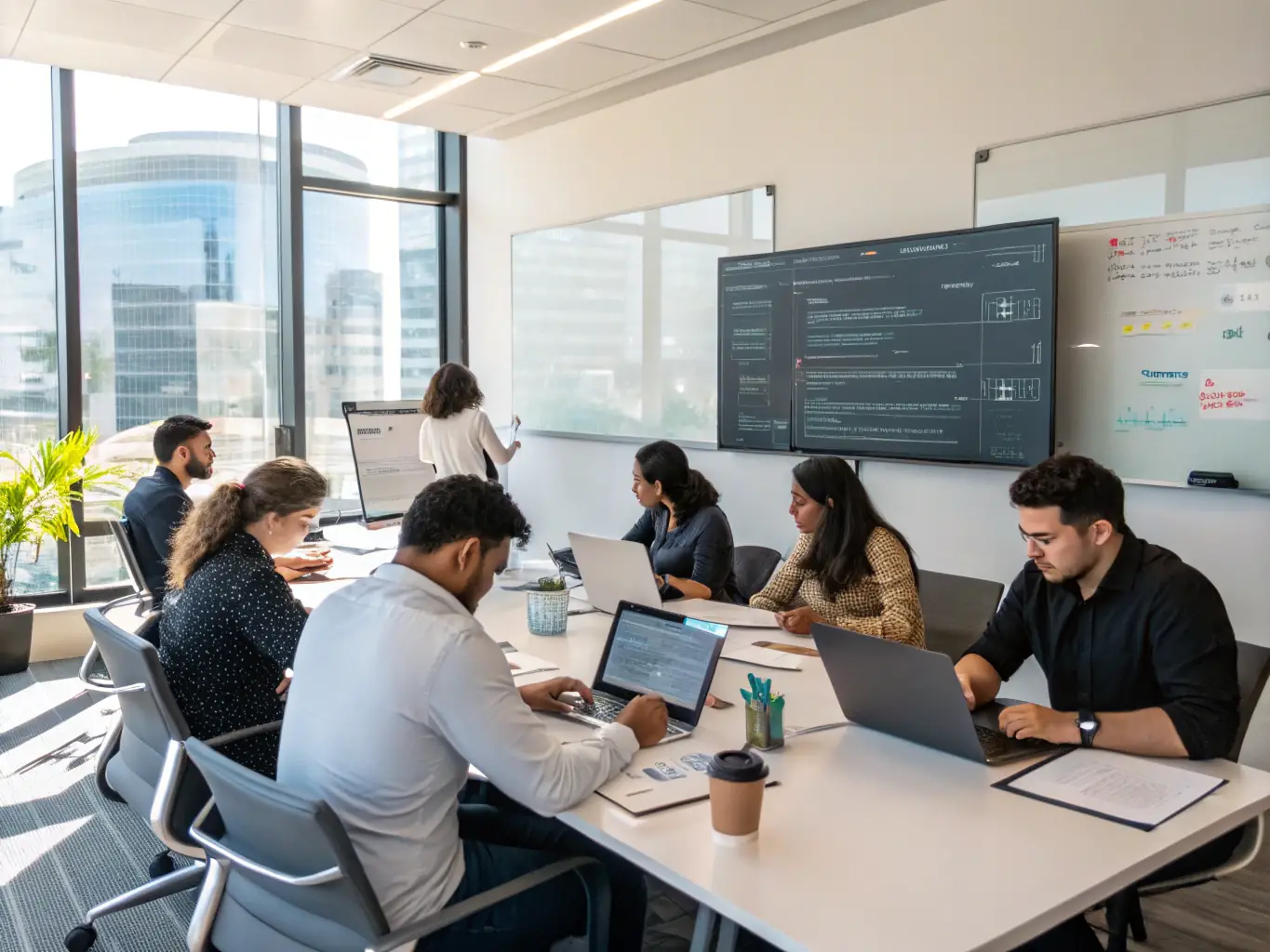 A modern office environment with diverse professionals collaborating on laptops, a large digital dashboard displaying training progress and completion rates, and a sleek interface representing fast, efficient learning workflows.