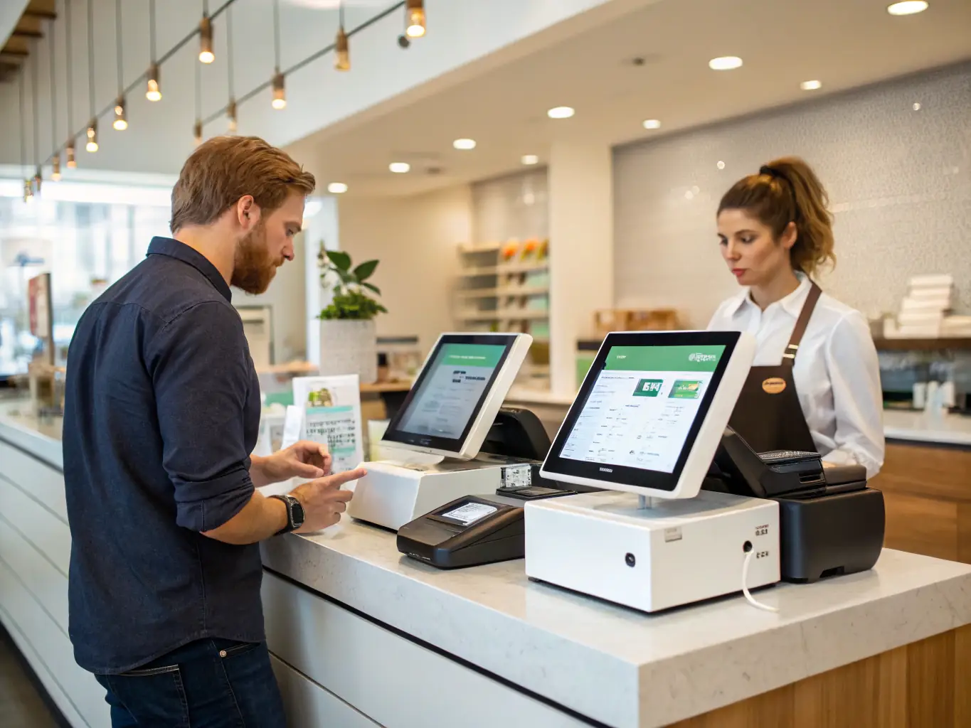 A sleek Clover point-of-sale system on a retail counter, displaying a digital receipt and product catalog, with a staff member assisting a customer in a boutique shop.