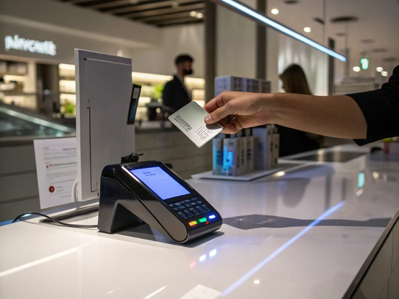 A modern, portable payment terminal being used by a café owner to accept a contactless card payment from a customer, with a bright, welcoming retail environment in the background.