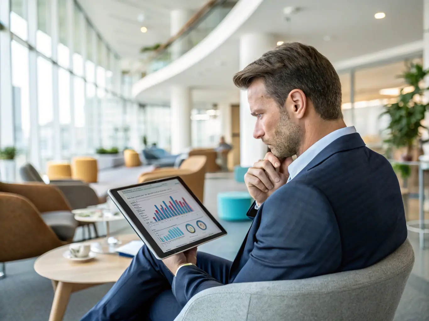 A business owner reviewing sales analytics on a tablet, with colorful charts and graphs visible, set in a modern office environment with a focus on technology and data-driven insights.